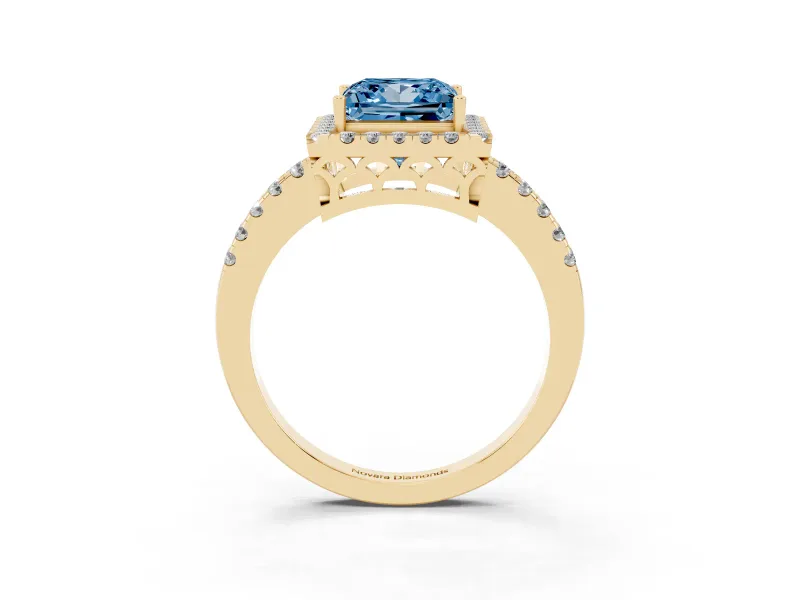 Princess Cut Halo Engagement Ring Setting for a Fancy Blue Lab-Grown Diamond | Shared Prong Pavé Band | Yellow Gold
