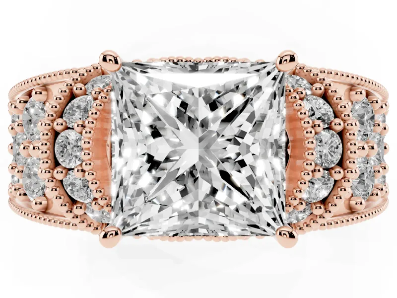 Princess Cut Vintage Milgrain Pave Engagement Ring Setting | Crescent Side Rows | Rose Gold