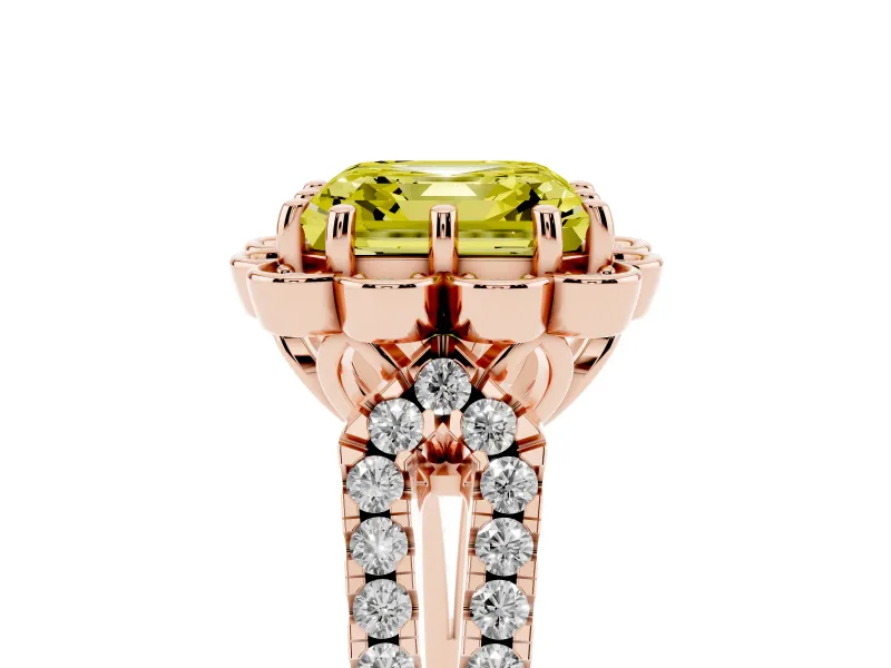 Asscher Cut Floral Halo Engagement Ring Setting for a Fancy Yellow Lab-Grown Diamond | Pavé Split Shank | Rose Gold