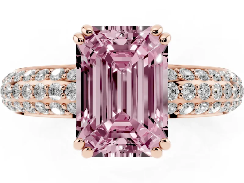 Emerald Cut Three Row Pave Engagement Ring Setting for a Fancy Pink Lab-Grown Diamond | Rose Gold