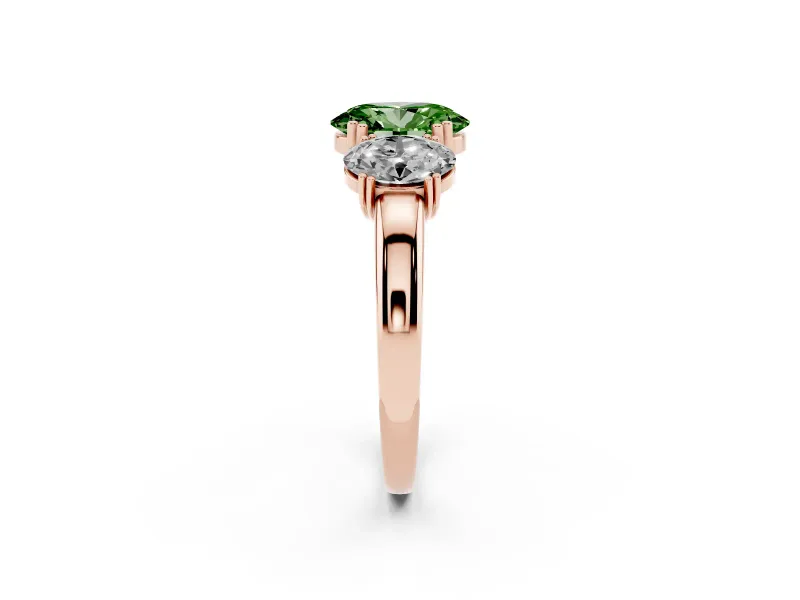 Fancy Green Oval Cut Diamond Three-Stone Ring Set in Rose gold with Polished Band and Prong Setting