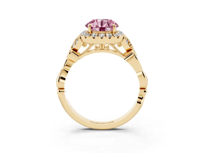 Round Halo Engagement Ring Setting for a Fancy Pink Lab-Grown Diamond | Leaf Shoulders | Yellow Gold