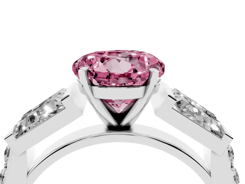 Fancy Pink Round Cut Diamond Engagement Ring Set in White gold with Baguette Side Stones and Channel Set Band