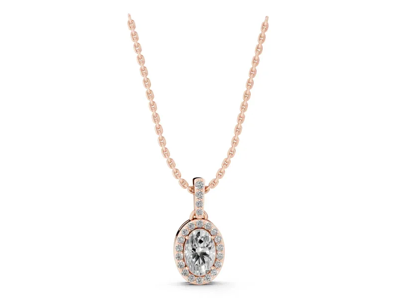 Oval Lab-Grown Diamond Pavé Halo Pendant Necklace | Pavé Bail | Rose Gold