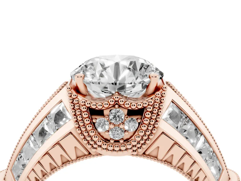 Round Cut Diamond Vintage-Inspired Milgrain Ring Set in Rose gold with Accent Split Shank