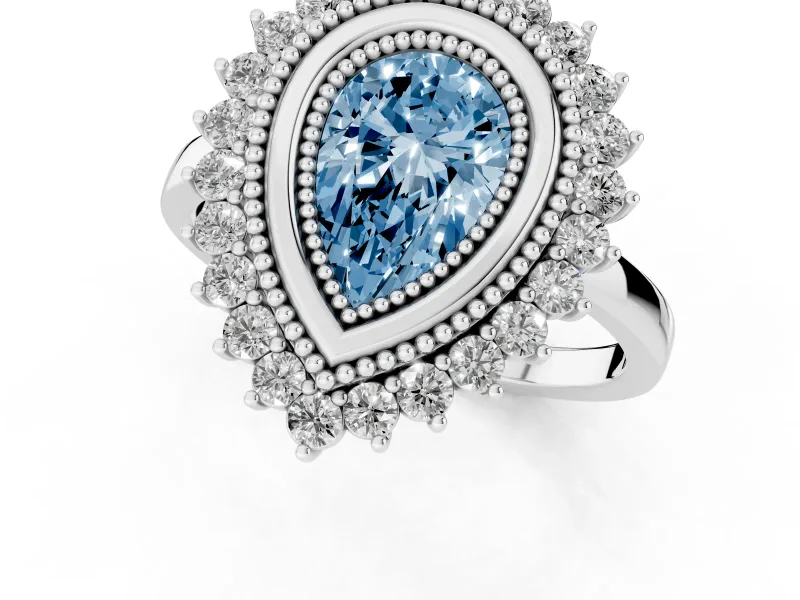 Fancy Blue Pear Cut Diamond Halo Ring Set in Platinum with Milgrain Edge and Round Prong Setting