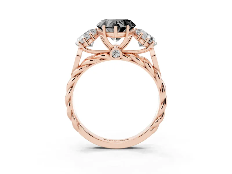 Heart-Shaped Three Stone Engagement Ring Setting for a Black Center | Braided Band | Rose Gold
