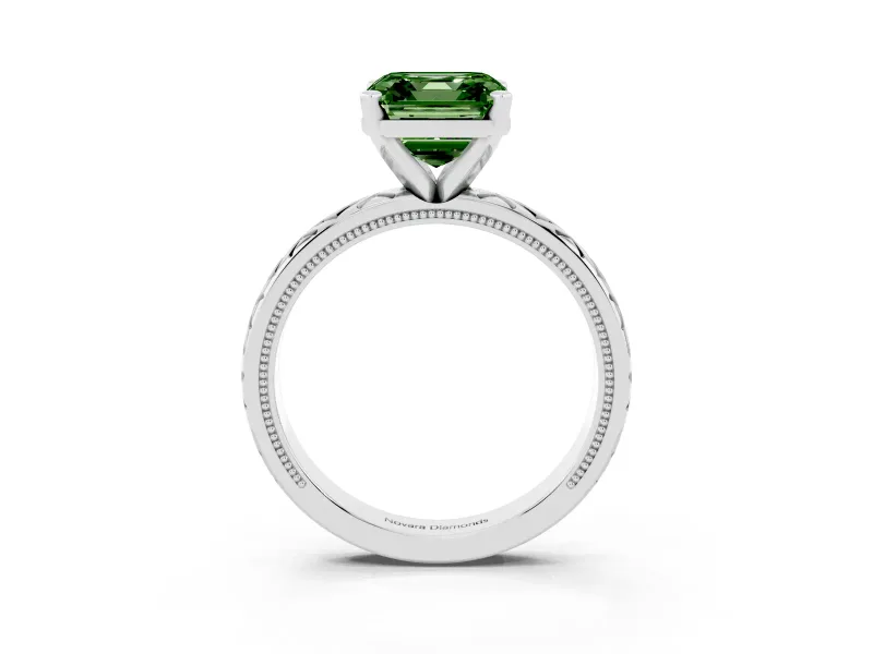 Fancy Green Asscher Cut Diamond Solitaire Ring Set in Silver with Milgrain and Black Enamel X Pattern Band