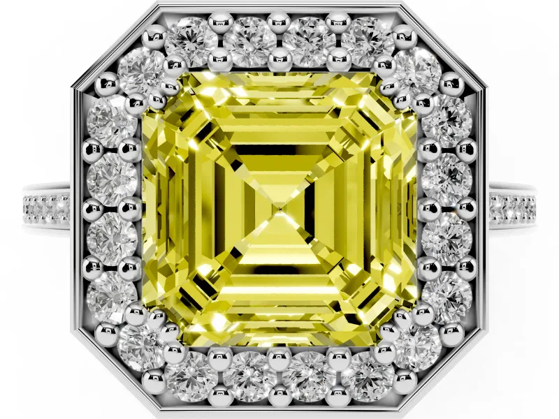 Asscher Cut Halo Engagement Ring Setting for a Fancy Yellow Lab-Grown Diamond | Polished Halo Rim | Sterling Silver