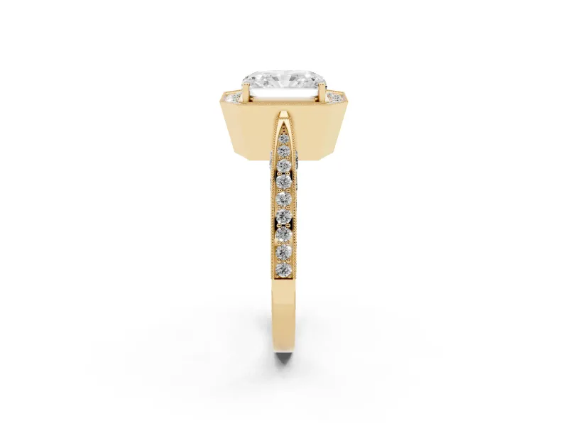 Radiant Cut Vintage Milgrain Halo Engagement Ring Setting | Side Stones and Pave | Yellow Gold