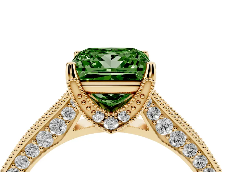 Princess Cut Hidden Halo Engagement Ring Setting for a Fancy Green Lab-Grown Diamond | Milgrain Pave | Yellow Gold