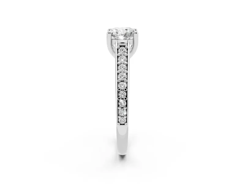 Cushion Cut Diamond Prong Set Solitaire Engagement Ring Set in White gold with Pavé Band