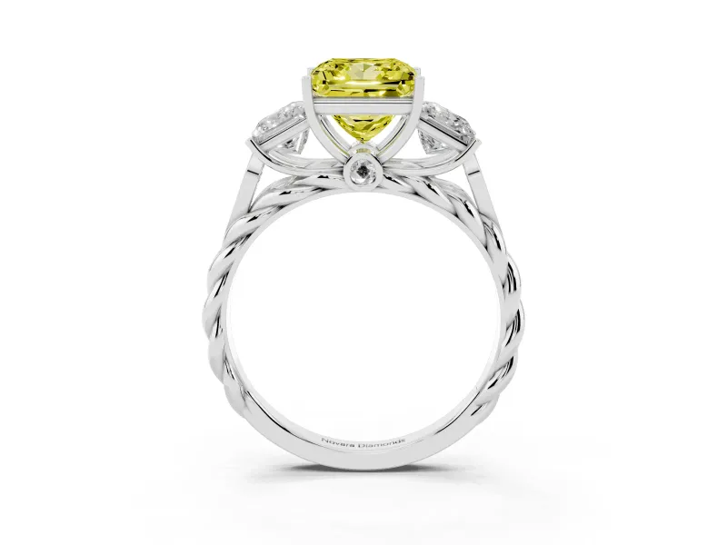 Fancy Yellow Princess Cut Diamond Three-Stone Ring Set in White gold with Braided Band