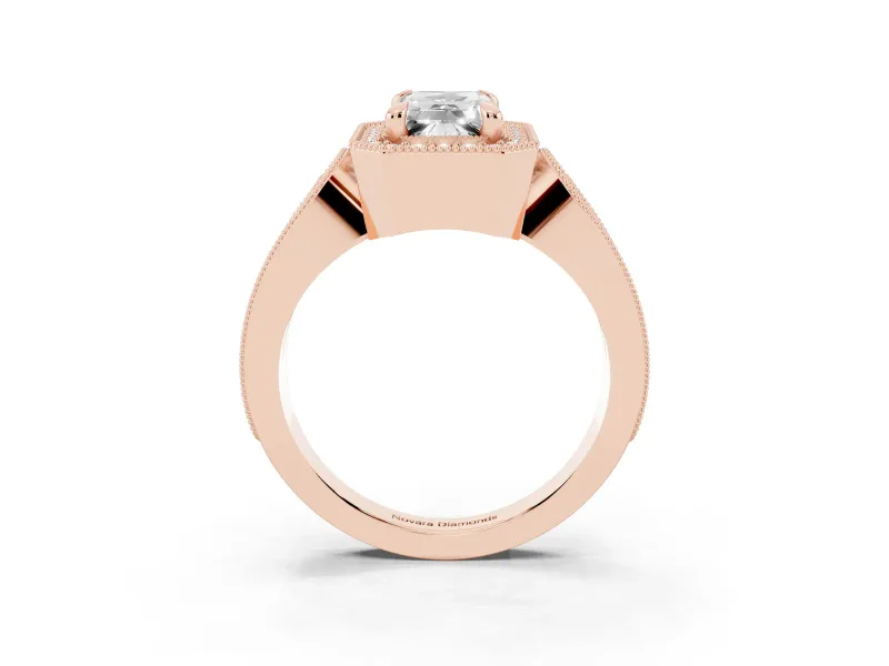 Emerald Cut Vintage Milgrain Halo Engagement Ring Setting | Open Loop Pave Shoulders | Rose Gold