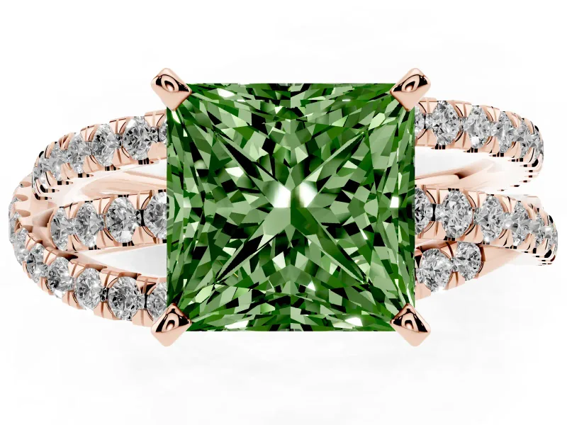 Princess Cut Twisted Pavé Engagement Ring Setting for a Fancy Green Lab-Grown Diamond | Rose Gold