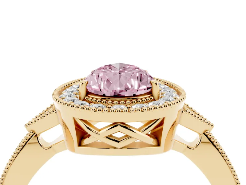 Fancy Pink Pear Cut Diamond Halo Engagement Ring Set in Yellow gold with Milgrain Pavé Band