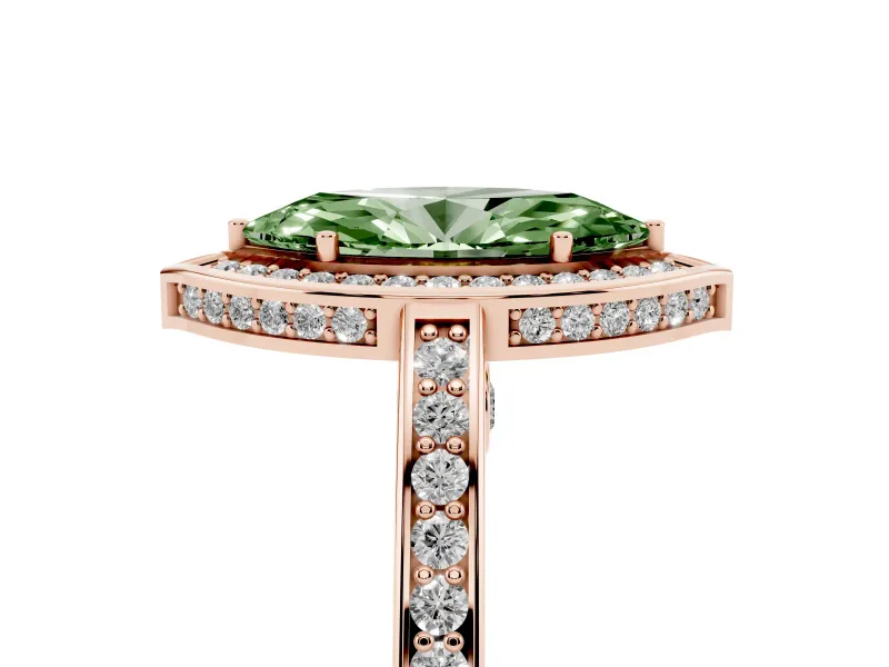 Fancy Green Marquise Cut Diamond Halo Pavé Split Shank Ring Set in Rose gold with Prong Setting