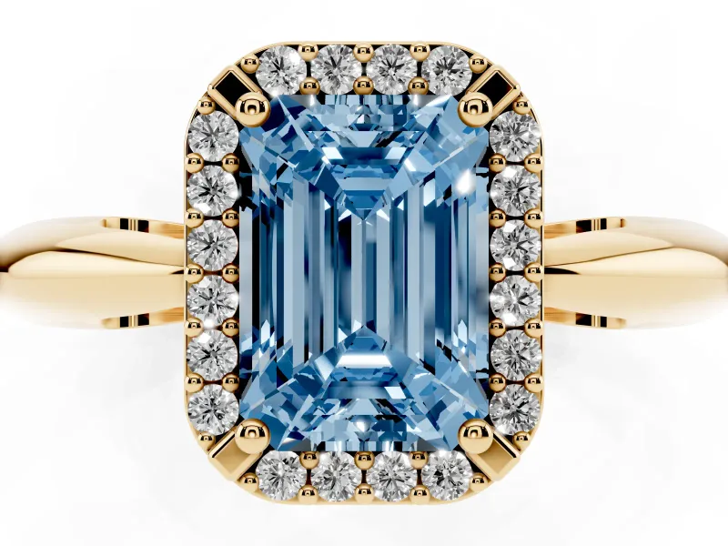 Emerald Cut Halo Engagement Ring Setting for a Fancy Blue Lab-Grown Diamond | Plain Tapered Band | Yellow Gold