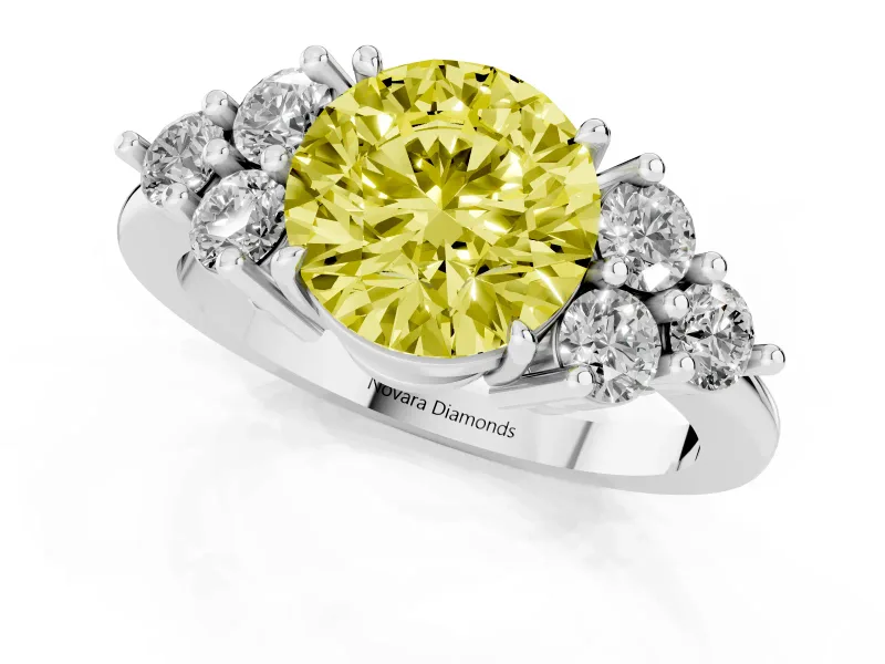 Round Cluster Side Stone Engagement Ring Setting for a Fancy Yellow Lab-Grown Diamond | Plain Band | Sterling Silver