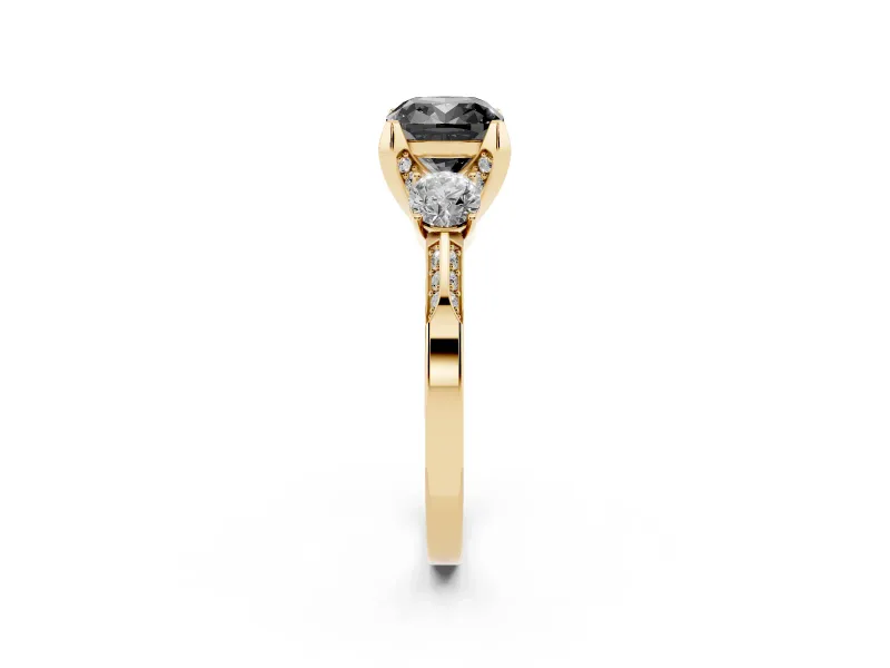 Cushion Cut Hidden Halo Three Stone Engagement Ring Setting for a Black Center | Yellow Gold