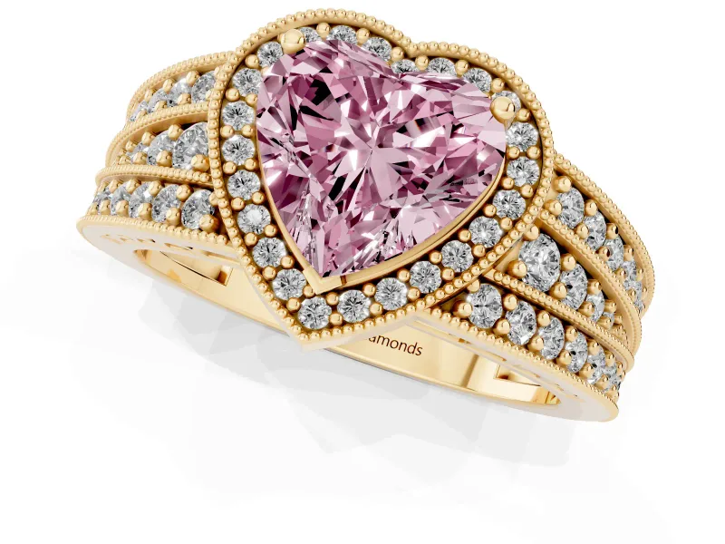 Fancy Pink Heart Cut Diamond Halo Ring Set in Yellow gold with Accent Split Shank and Prong Setting