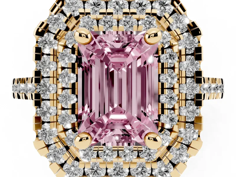 Fancy Pink Emerald Cut Diamond Double Halo Statement Ring Set in Yellow gold with Pavé Band
