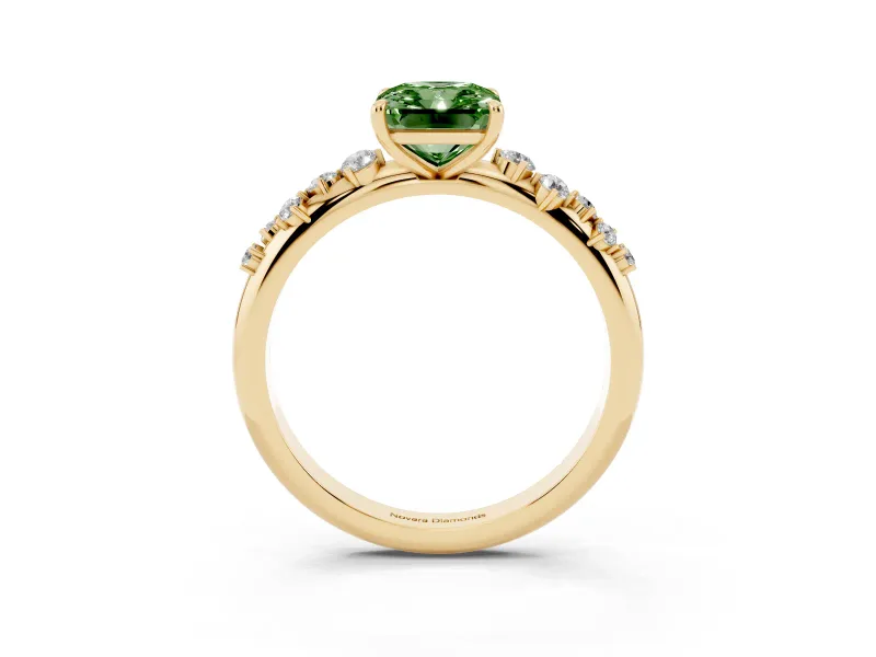 Fancy Green Radiant Cut Diamond Cluster Solitaire Ring Set in Yellow gold with Prong Setting
