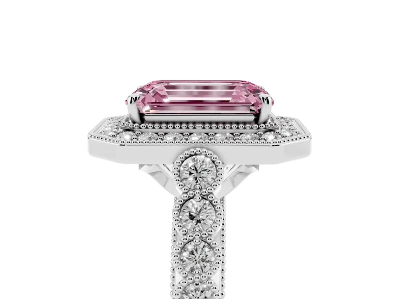 Emerald Cut Graduated Milgrain Halo Engagement Ring Setting for a Fancy Pink Lab-Grown Diamond | Platinum