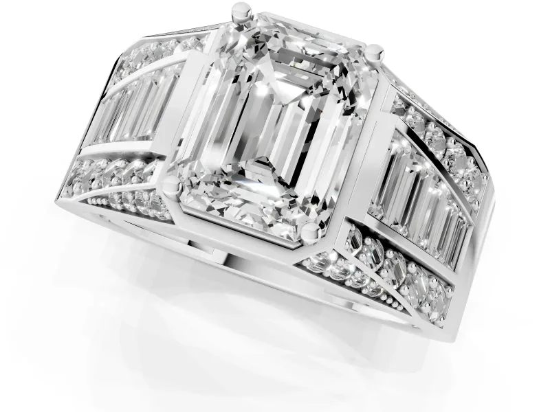 Emerald Cut Men's Graduated Baguette Engagement Ring Setting | Raised Frame Head | White Gold