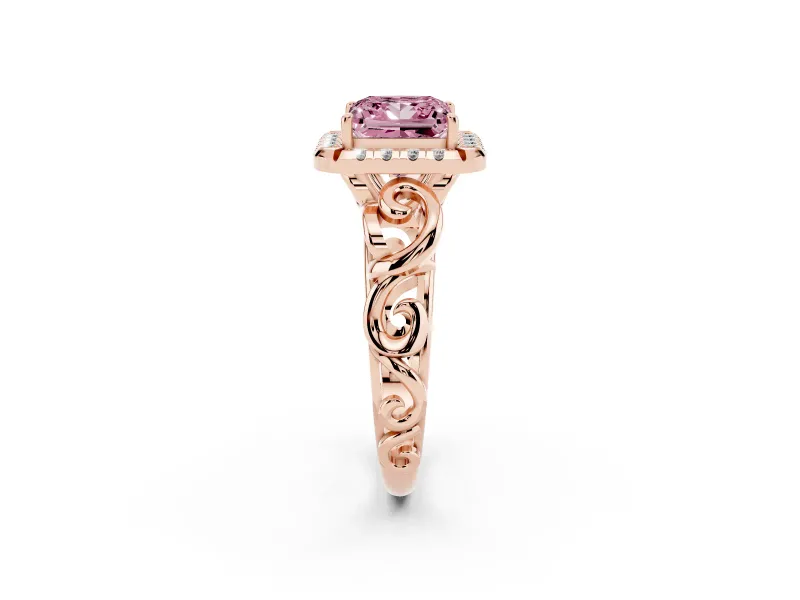 Fancy Pink Princess Cut Diamond Halo Ring Set in Rose gold with Scrollwork Band and Prong Setting