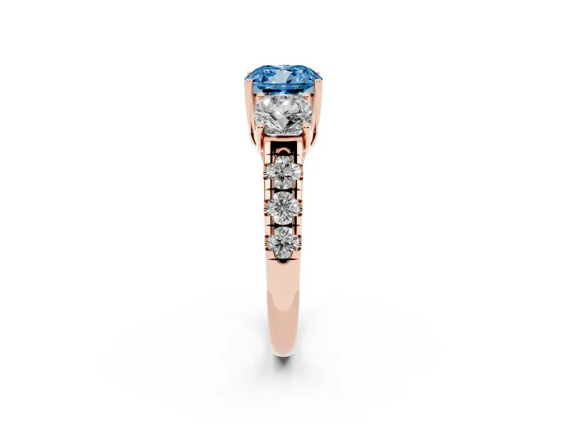 Cushion Cut Three Stone Engagement Ring Setting for a Fancy Blue Lab-Grown Diamond | Accented Shoulders | Rose Gold