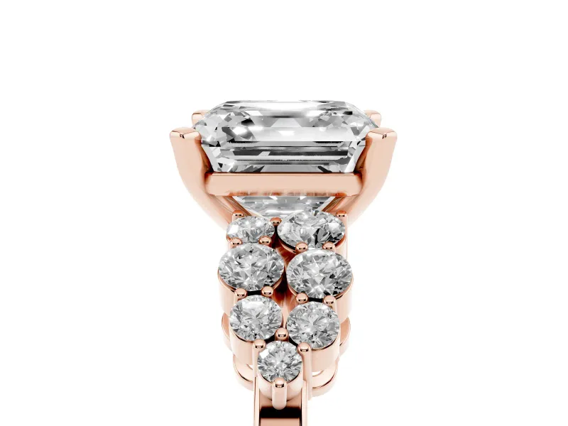 Asscher Cut Diamond Cluster Engagement Ring Set in Rose gold with Pavé Band and Prong Setting