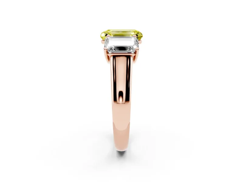 Emerald Cut Three Stone Engagement Ring Setting for a Fancy Yellow Lab-Grown Diamond | Basket Prong Heads | Rose Gold