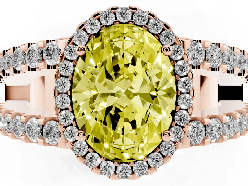 Fancy Yellow Oval Cut Diamond Halo Ring Set in Rose gold with Pavé Split Shank and Prong Setting
