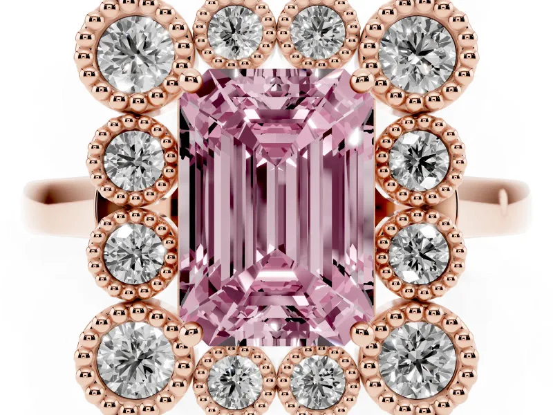 Emerald Cut Milgrain Cluster Halo Engagement Ring Setting for a Fancy Pink Lab-Grown Diamond | Plain Band | Rose Gold