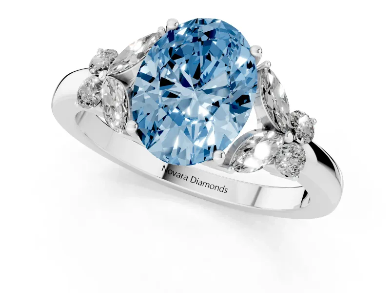 Fancy Blue Oval Cut Diamond Solitaire Floral Ring Set in White gold with Marquise Petals and Prong Setting