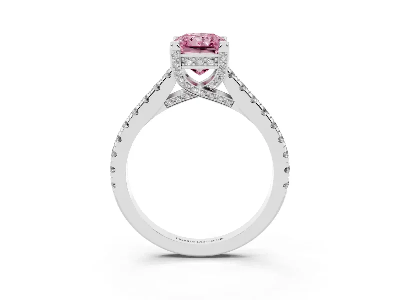 Fancy Pink Radiant Cut Diamond Solitaire Ring Set in Silver with Brilliant Pavé Band and Prong Setting