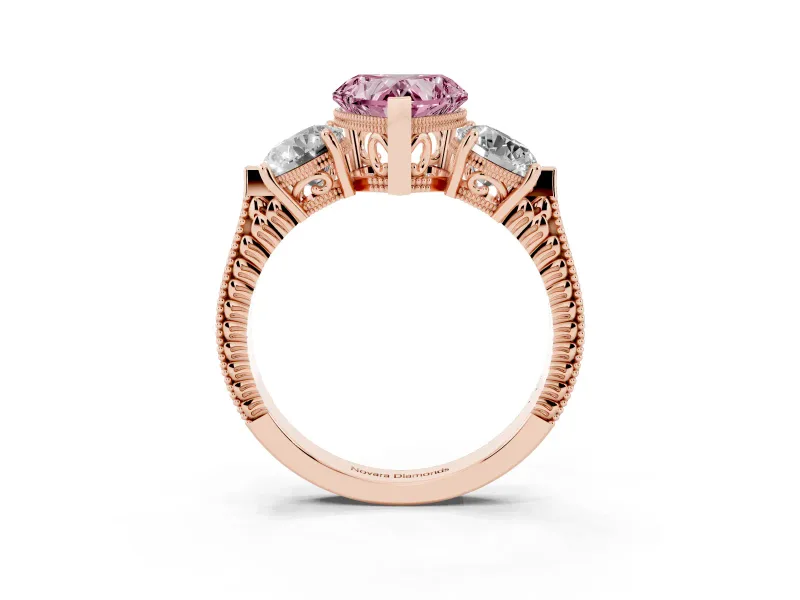 Heart-Shaped Vintage Three Stone Engagement Ring Setting for a Fancy Pink Lab-Grown Diamond | Milgrain Band | Rose Gold