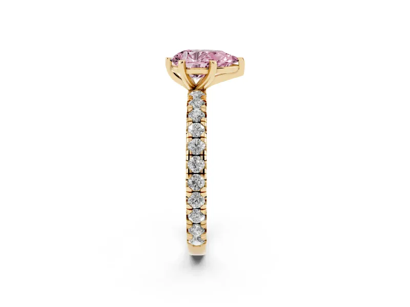 Fancy Pink Pear Cut Diamond Pavé Solitaire Ring Set in Yellow gold with Round Band and Prong Setting