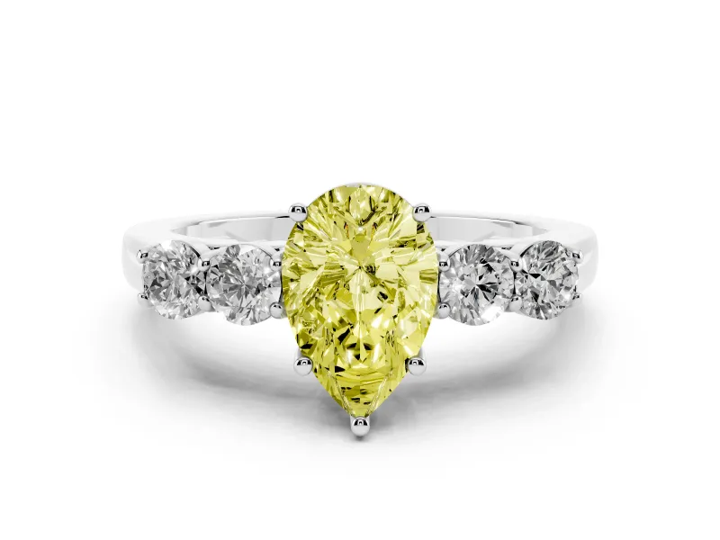 Fancy Yellow Pear Cut Diamond Five-Stone Prong Set Band Ring Set in Platinum with Polished Band