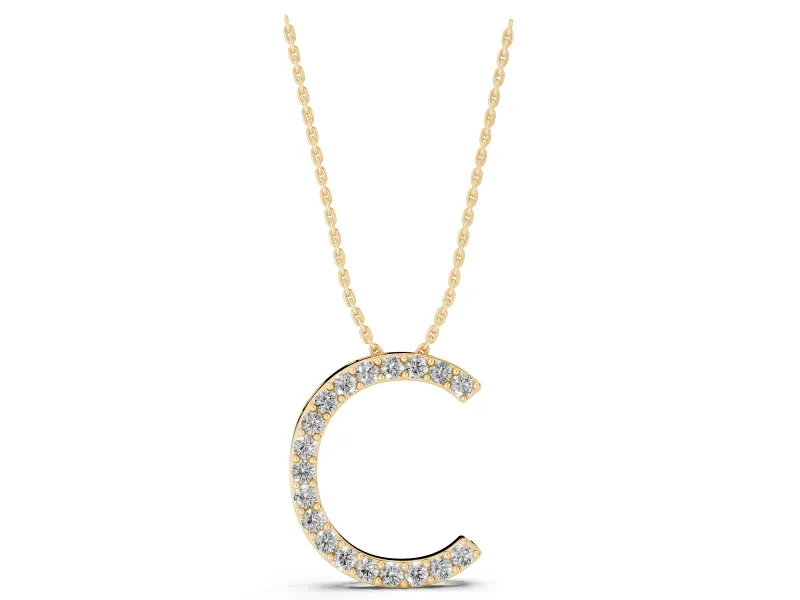 Round Lab-Grown Diamond Pavé Initial C Pendant Necklace | Single Row | Yellow Gold