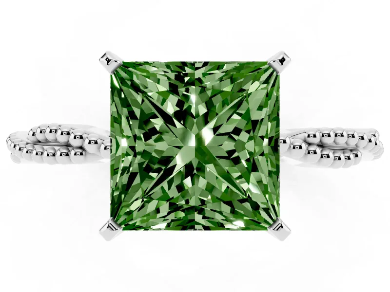 Princess Cut Twisted Engagement Ring Setting for a Fancy Green Lab-Grown Diamond | Beaded Twist | Sterling Silver