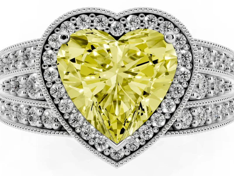 Fancy Yellow Heart Cut Diamond Halo Ring Set in Silver with Accent Split Shank and Prong Setting