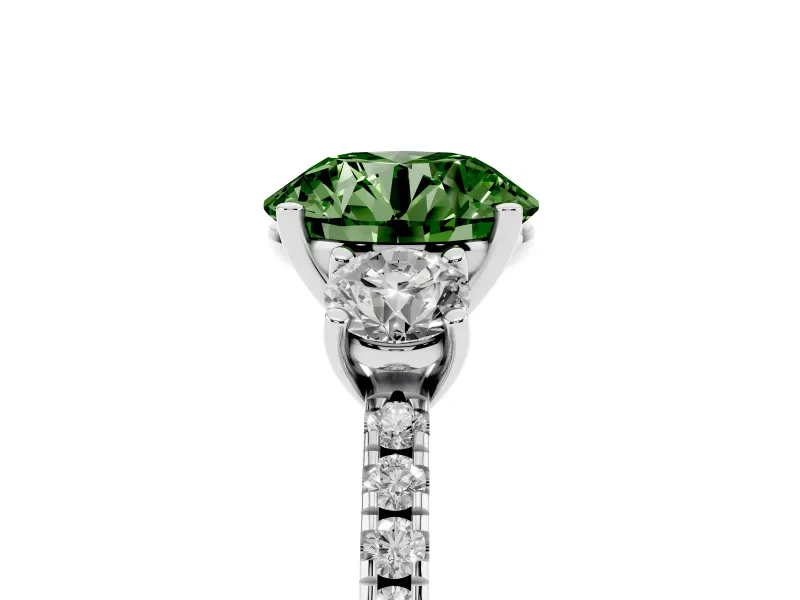 Fancy Green Round Cut Diamond Three-Stone Ring Set in Platinum with Pavé Band and Graduated Sides
