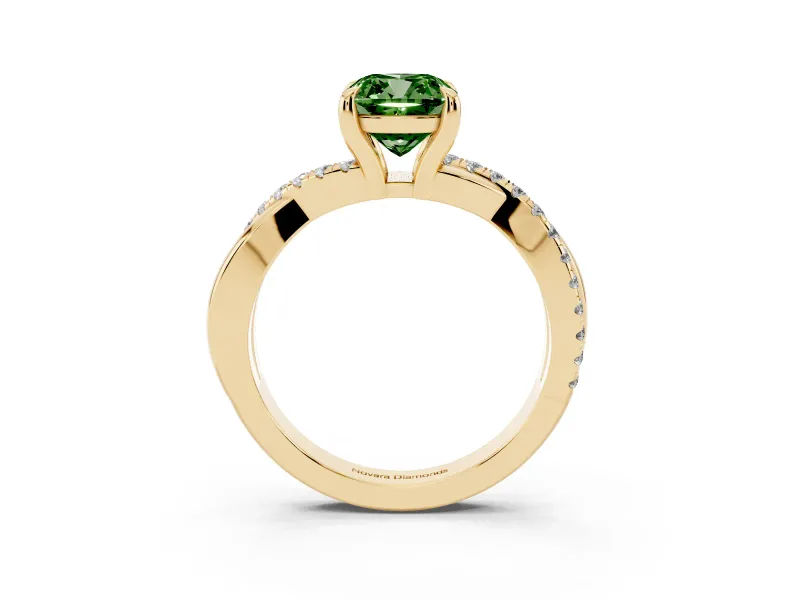 Fancy Green Cushion Cut Diamond Twist Band Solitaire Set in Yellow gold with Pavé Accents and Prong Setting
