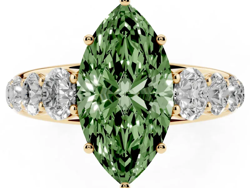 Marquise Graduated Side Stone Engagement Ring Setting for a Fancy Green Lab-Grown Diamond | Flat Top Band | Yellow Gold