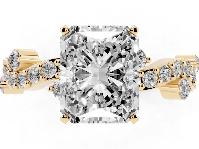 Radiant Cut Twisted Pavé Solitaire Engagement Ring Setting | Bar Stations | Yellow Gold