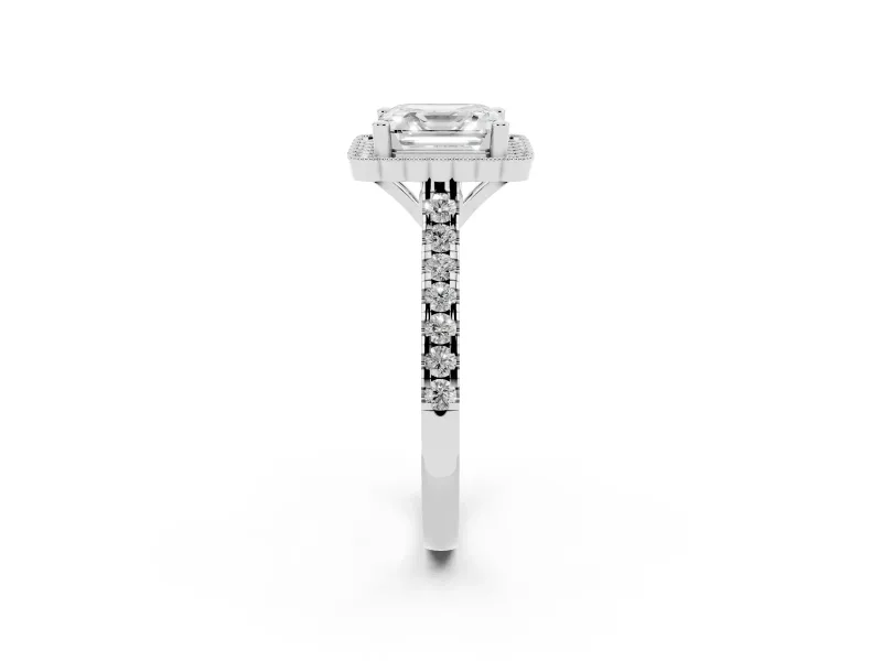 Asscher Cut Diamond Milgrain Floral Halo Engagement Ring Set in Platinum with Pavé Band