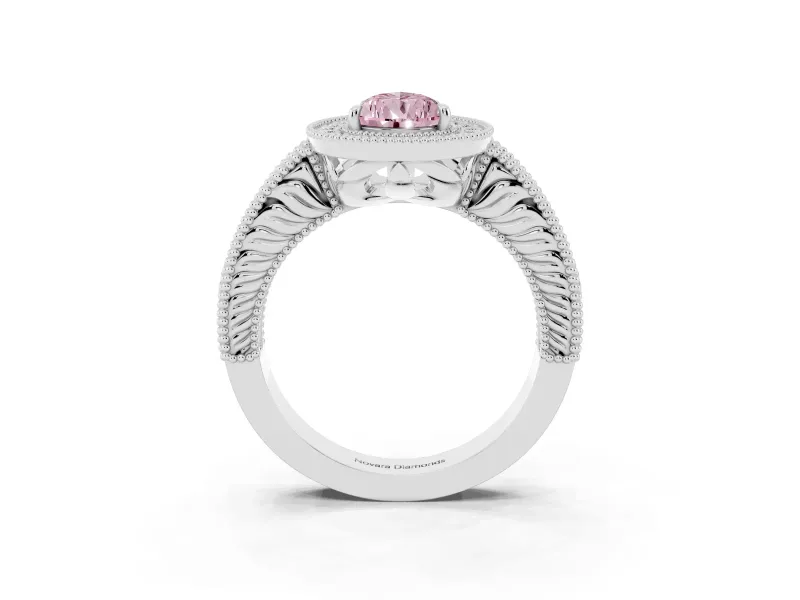 Fancy Pink Pear Cut Diamond Halo Ring Set in White gold with Round Accent Halo, Pavé Band and Prong Setting