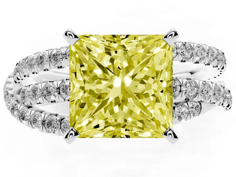 Fancy Yellow Princess Cut Diamond Solitaire Twist Band Ring Set in White gold with Pavé Setting and Prong Head